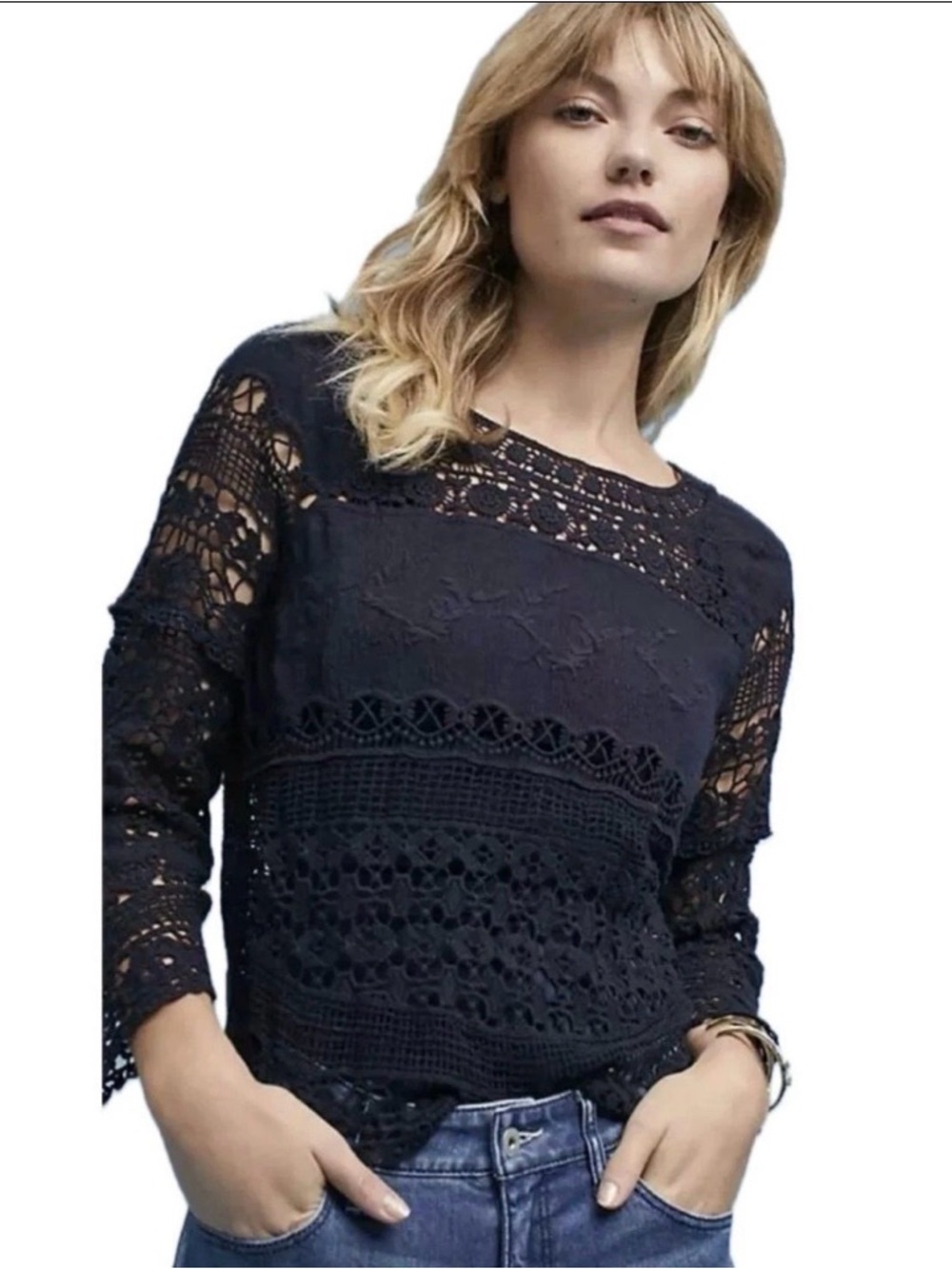 Deletta Navy Crochet Lace Long-Sleeve Top
